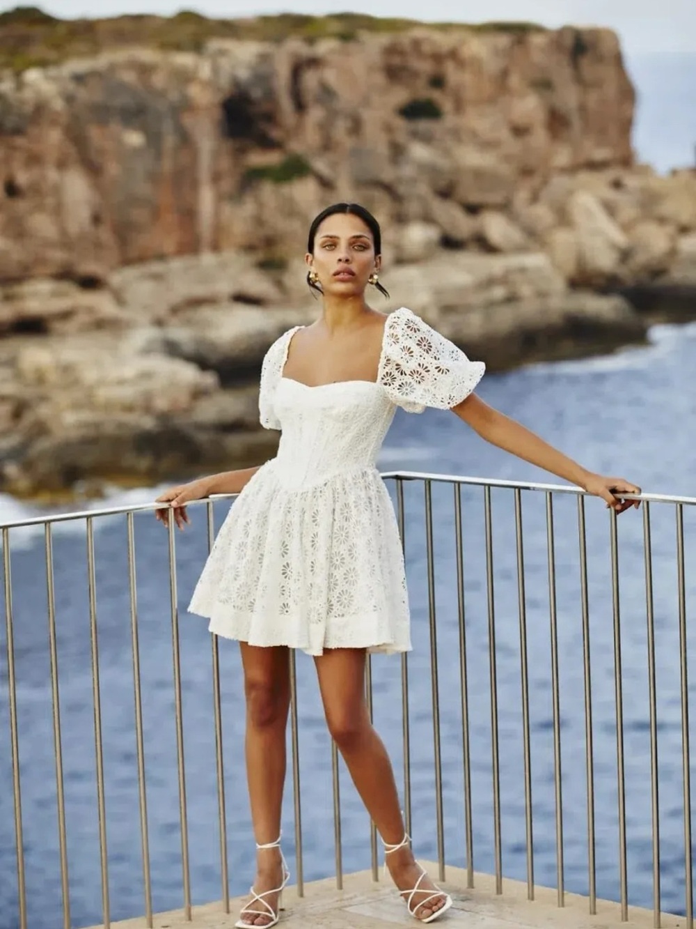 NWT Bardot White Eyelet Puff-Sleeve Mini Dress